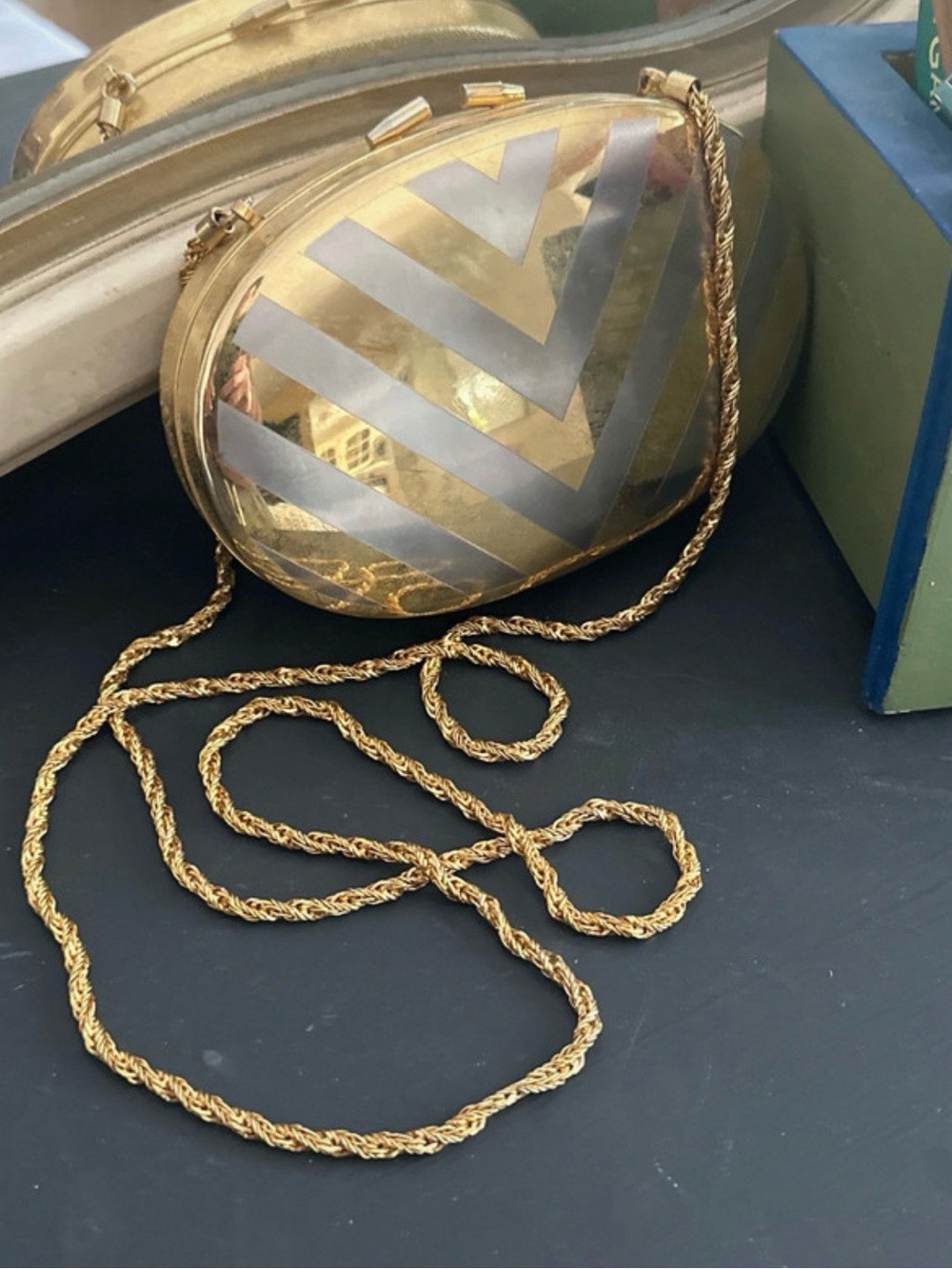 Vintage Gold and Silver Oval Metal Clutch with Chain Strap